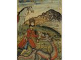 un tableau représentant un homme à cheval, aux côtés d'un dragon