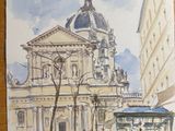 a painting of a building with a clock on it