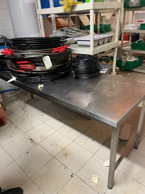 une table sur laquelle sont posés tout un tas de casseroles et de poêles
