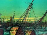 a painting of a ship in the water with a full moon in the background