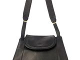 black leather shoulder bag on a white background