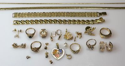 a collection of gold jewellery including rings, bracelets and rings