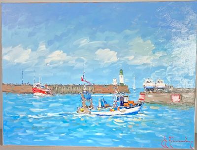 un tableau représentant un bateau sur l'eau, avec un phare en arrière-plan