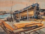 a painting of a boat that is sitting on a dock