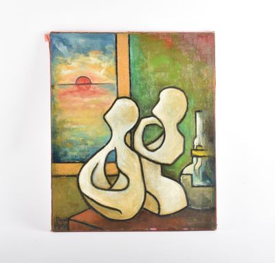 tableau représentant deux figures abstraites assises sur une table à côté d'un vase