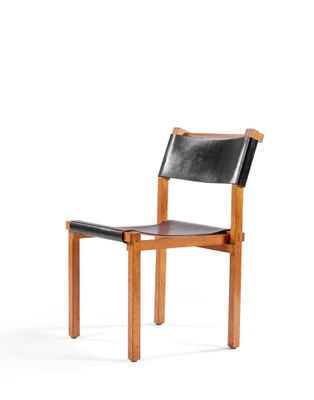 an image of a wooden chair with a black leather seat