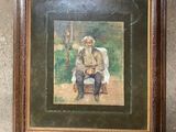 tableau représentant un homme assis sur une chaise, tenant une guitare