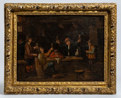 an oil painting of a group of people sitting around a table