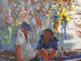 a painting of a man and a woman in a boat