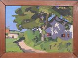 une image d'une peinture représentant une maison et des arbres dans un champ