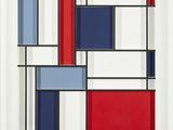 une peinture représentant un motif géométrique rouge, bleu, jaune et noir