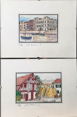 two pictures of a house and a boat on the water