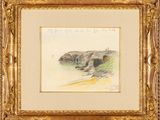 a drawing of a dog laying on the beach in a gold frame
