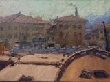 tableau représentant une vue de la ville depuis la fenêtre d'un immeuble