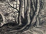 a black and white drawing of a man sitting on a bench in the woods