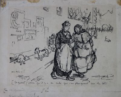 dessin représentant un homme et une femme promenant un chien en laisse