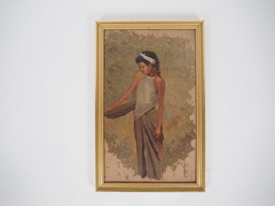 un vieux tableau représentant une femme tenant un panier à la main