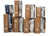 several boxes of assorted items are stacked on top of each other