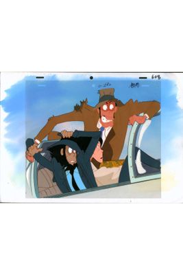 a cartoon picture of a man in a suit and tie in a car