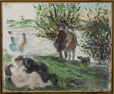 a painting of a woman laying on the ground next to a cow