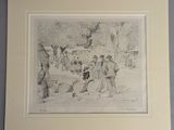 drawing of a group of people in a wooded area with a dog