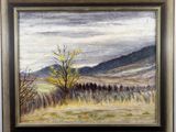 an oil painting of a mountain scene with a tree in the foreground