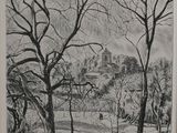 dessin au crayon représentant un paysage avec des arbres et une maison au loin