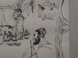 drawing of a man sitting in a chair in front of a cow