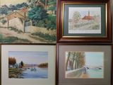 quatre tableaux encadrés représentant une maison, une rivière et un pont