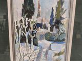painting of a snowy landscape with trees and a church in the background