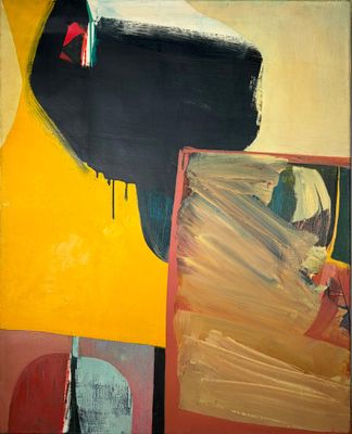 tableau représentant un homme coiffé d'un chapeau rouge et tenant un parapluie rouge