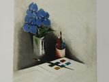 a picture of a painting of blue flowers in a vase