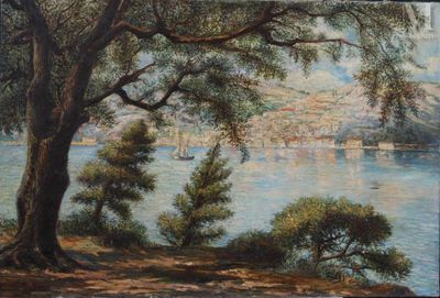 un tableau représentant une vue sur un lac et une ville
