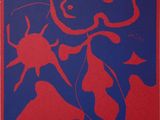 an image of a red and blue poster with a cat on it