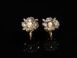 a pair of gold earrings with pearls and diamonds