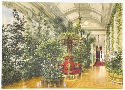 an image of a painting of a room with plants and a red chair