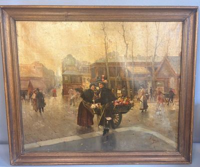 tableau représentant une scène de rue avec des personnages et une calèche