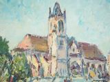 an oil painting of a building with a clock tower on top of it