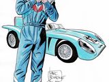 une illustration représentant un homme en combinaison de course, debout à côté d'une voiture de sport bleue