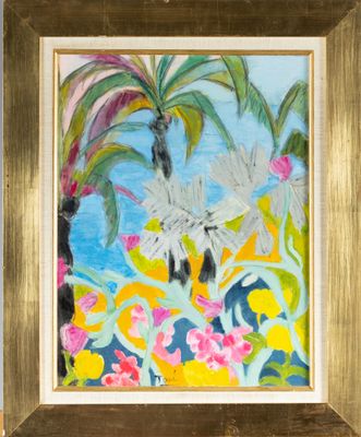 une peinture à l'huile représentant des fleurs et des palmiers, dans un cadre doré
