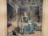 painting of a woman in a blue dress sitting in front of a fire