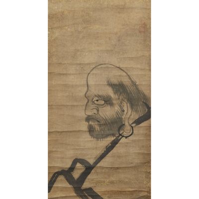 an old painting of a man with a beard and a knife