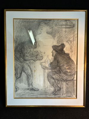 dessin représentant un homme tenant un couteau devant un dessin représentant un ours