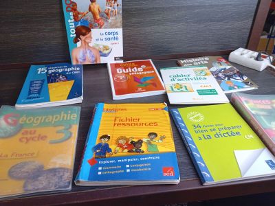 de nombreux livres posés sur une table, avec une souris en arrière-plan