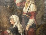 un vieux tableau représentant deux femmes en costume traditionnel dans un décor boisé