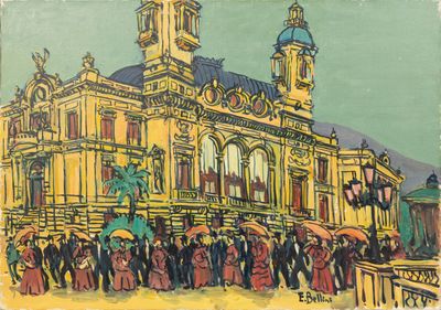 une peinture représentant un grand bâtiment avec une tour horloge