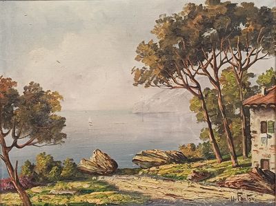 un tableau représentant une maison sur une colline au bord de l'eau