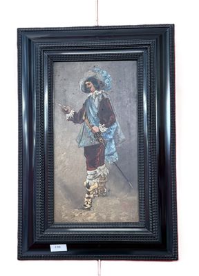 framed painting of a man in a blue costume holding a sword