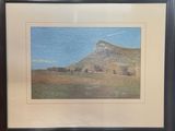 painting of a landscape with sheep grazing in a field with a mountain in the background