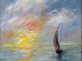 a painting of a sailboat in the ocean at sunset